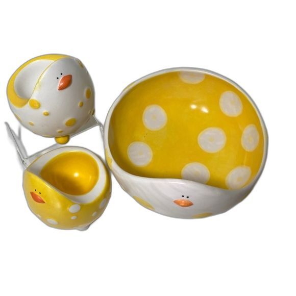 Ganz Set of 3 Baby Chick Egg Cup Holder/Bowl Yellow/White PolkaDots Ganz NEW - Picture 2 of 11